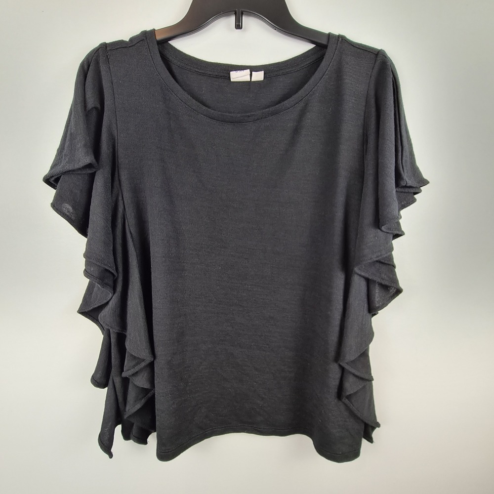 GAP Womens Black Side Ruffle Flutter Sleeve Scoop Neck Knit Top Size Medium